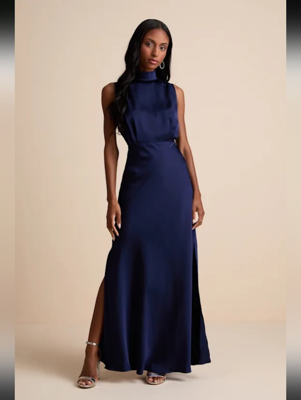 Lulus Classic Elegance Navy Satin Sleeveless Mock Neck Maxi Dress